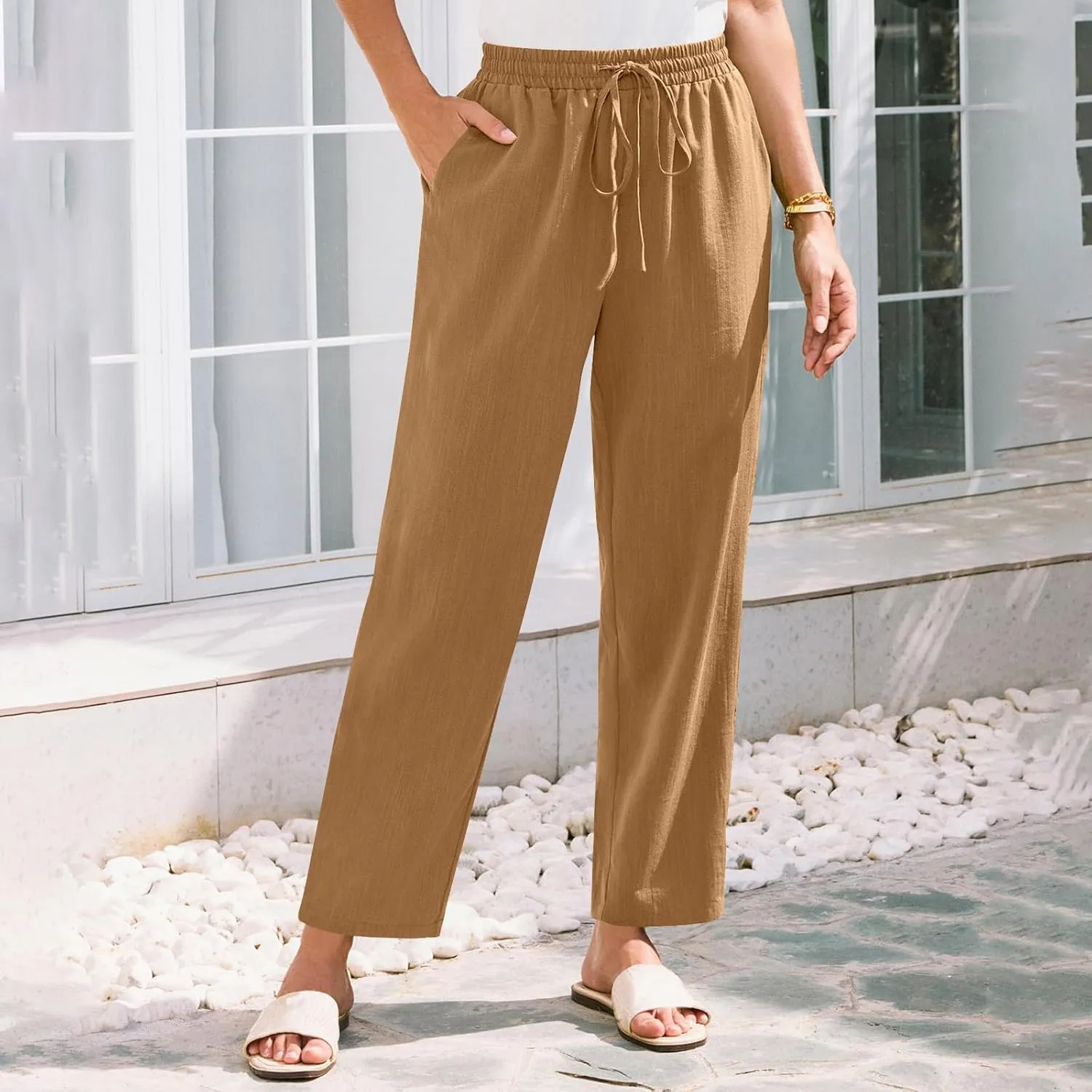 Linen Pants Women Trendy 2025 Casual Summer High Waisted Drawstring Lounge Trousers Straight Leg Pant with Pockets