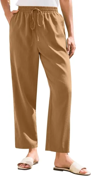 Linen Pants Women Trendy 2025 Casual Summer High Waisted Drawstring Lounge Trousers Straight Leg Pant with Pockets