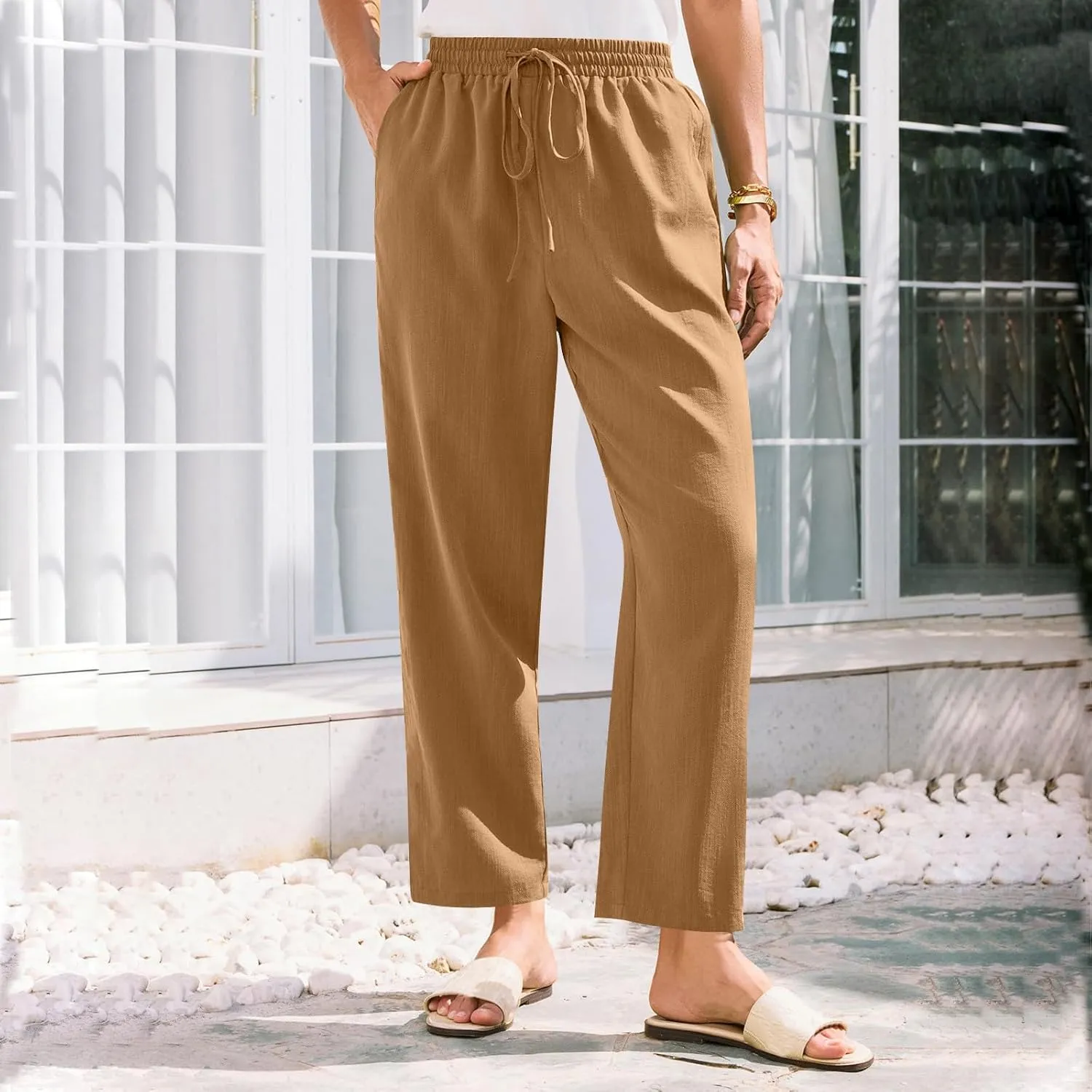 Linen Pants Women Trendy 2025 Casual Summer High Waisted Drawstring Lounge Trousers Straight Leg Pant with Pockets