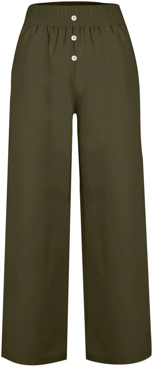 Linen Pants Women, Yoga Beach Wide Leg Palazzo Pants Tall High Waisted Pull On Stretch Waist Lounge Trousers Slacks