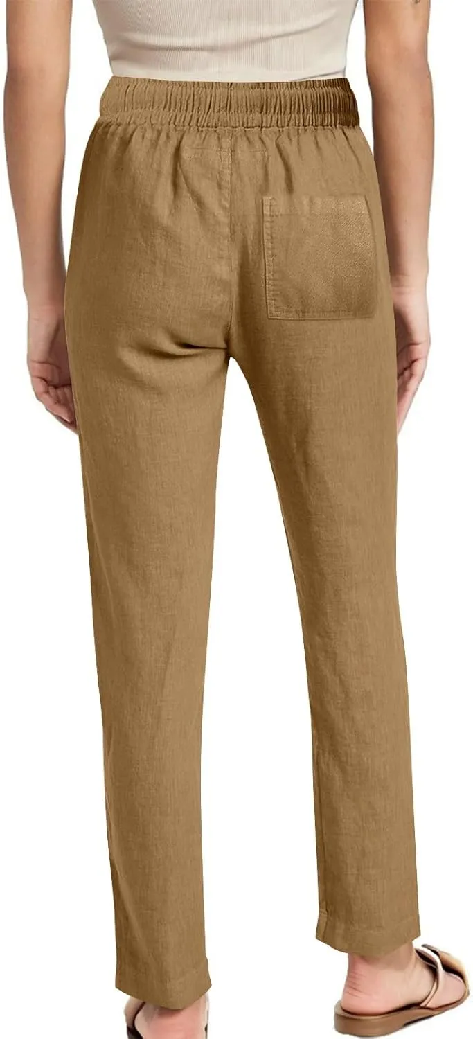 Linen Pants Womens High Waist Drawstring Pant with Pockets Summer Beach Vacation Long Slacks Wide Leg Long Trouser