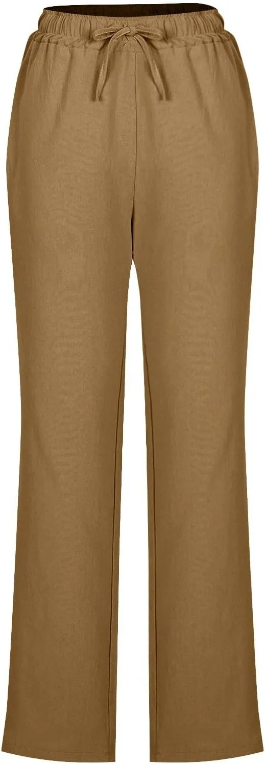 Linen Pants Womens High Waist Drawstring Pant with Pockets Summer Beach Vacation Long Slacks Wide Leg Long Trouser