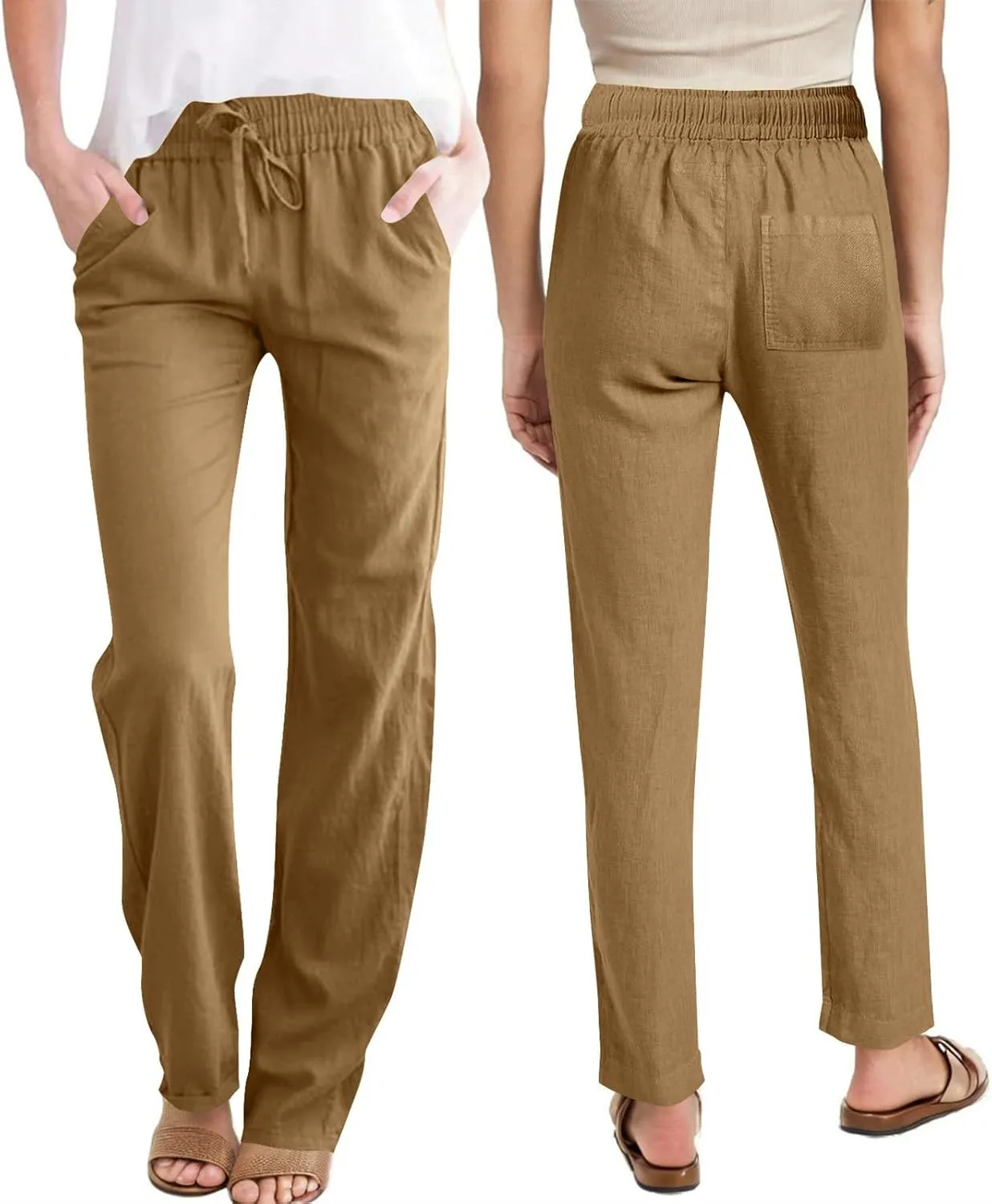 Linen Pants Womens High Waist Drawstring Pant with Pockets Summer Beach Vacation Long Slacks Wide Leg Long Trouser
