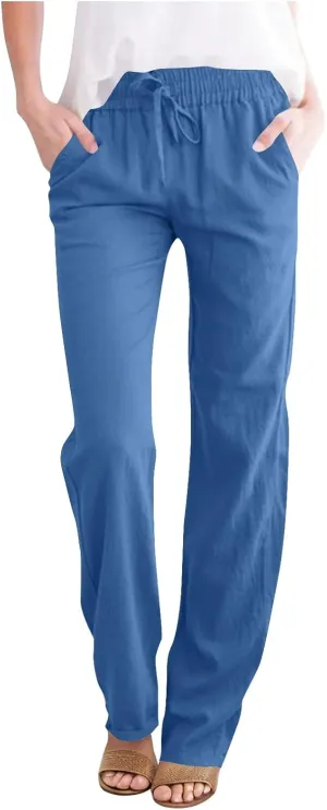 Linen Pants Womens High Waist Drawstring Pant with Pockets Summer Beach Vacation Long Slacks Wide Leg Long Trouser