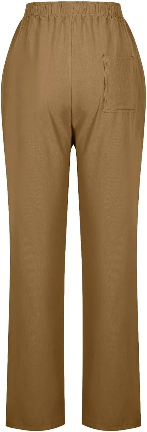 Linen Pants Womens High Waist Drawstring Pant with Pockets Summer Beach Vacation Long Slacks Wide Leg Long Trouser