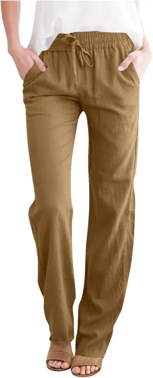 Linen Pants Womens High Waist Drawstring Pant with Pockets Summer Beach Vacation Long Slacks Wide Leg Long Trouser