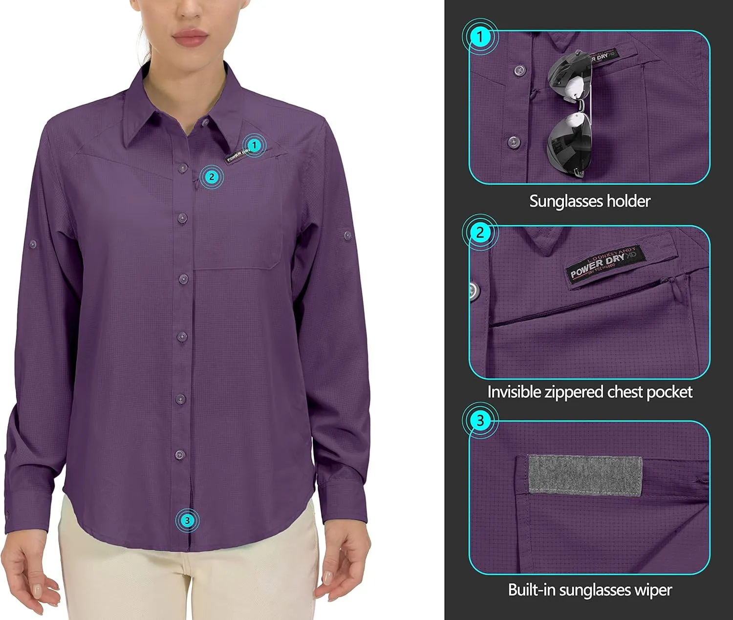 Little Donkey Andy Women's UPF 50 UV Protection Shirt, Breathable Long Sleeve Fishing Hiking Shirts, Quick Dry
