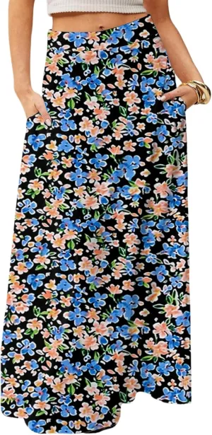 Long Skirts for Women Casual High Waist Maxi Skirt Flowy Aline Boho Beach Vacation Skirts with Pockets