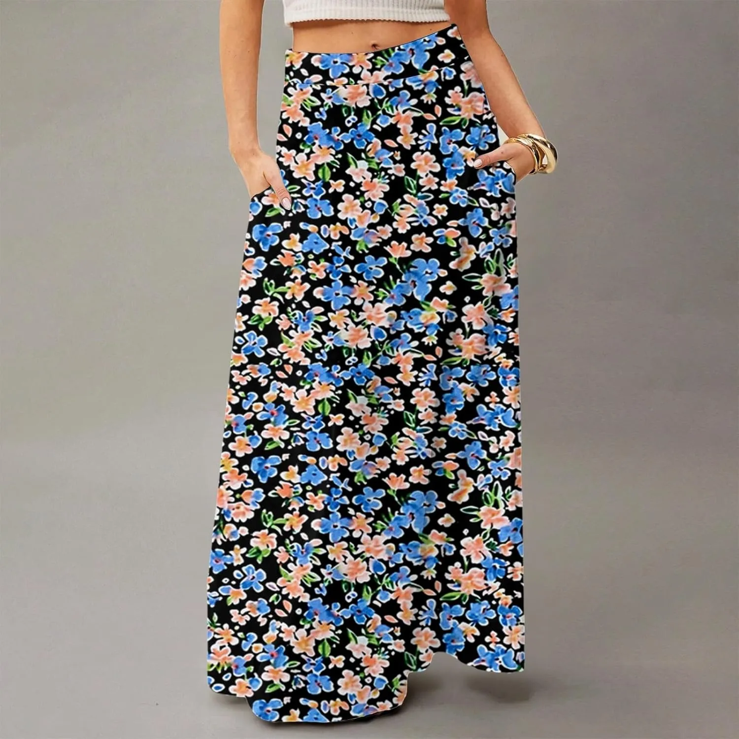 Long Skirts for Women Casual High Waist Maxi Skirt Flowy Aline Boho Beach Vacation Skirts with Pockets
