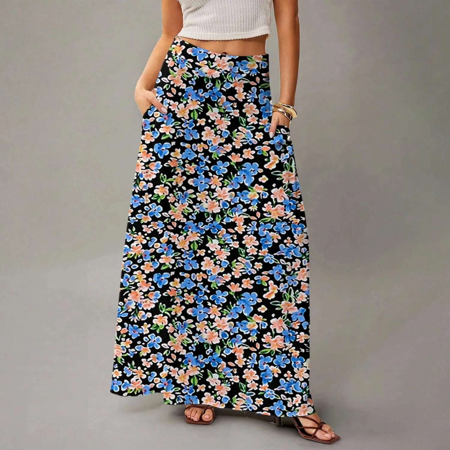 Long Skirts for Women Casual High Waist Maxi Skirt Flowy Aline Boho Beach Vacation Skirts with Pockets