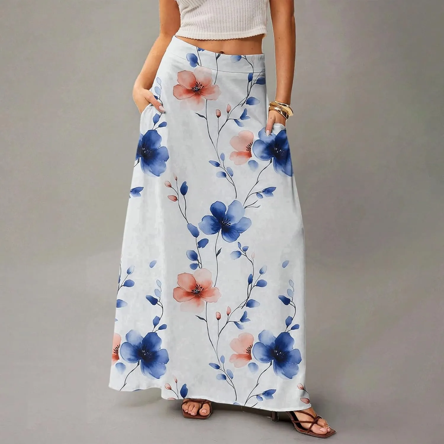 Long Skirts for Women Casual High Waist Maxi Skirt Flowy Aline Boho Beach Vacation Skirts with Pockets