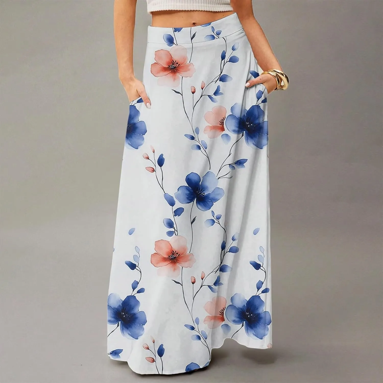 Long Skirts for Women Casual High Waist Maxi Skirt Flowy Aline Boho Beach Vacation Skirts with Pockets