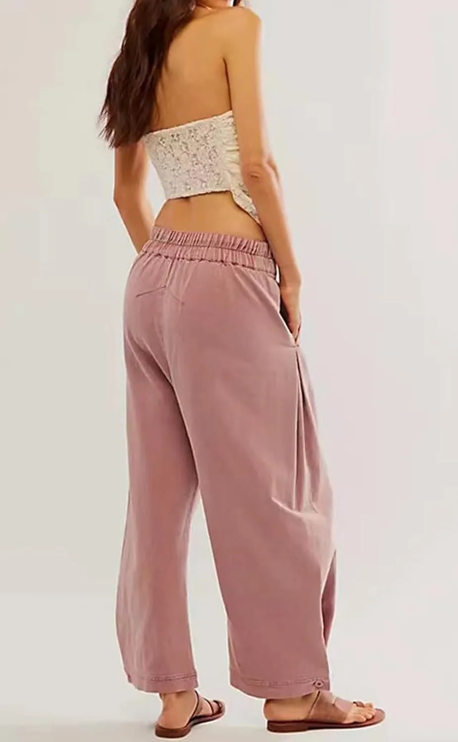 loveimgs Women Pleated Baggy Mid Rise Wide Leg Barrel Jeans Denim Pants Y2k Elastic Waist Harem Pants Pockets