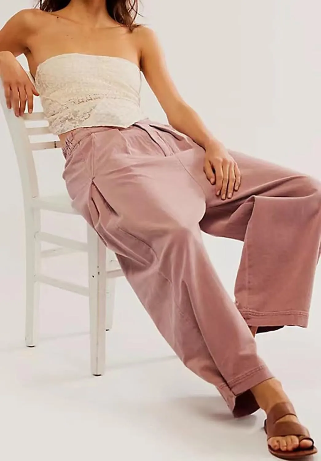 loveimgs Women Pleated Baggy Mid Rise Wide Leg Barrel Jeans Denim Pants Y2k Elastic Waist Harem Pants Pockets