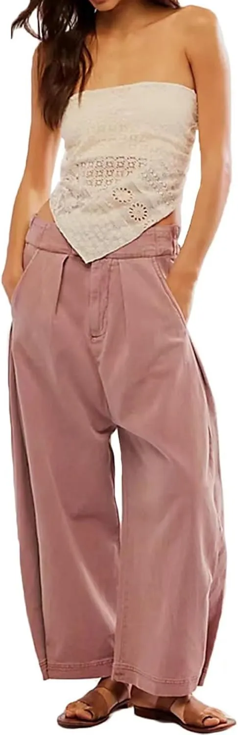 loveimgs Women Pleated Baggy Mid Rise Wide Leg Barrel Jeans Denim Pants Y2k Elastic Waist Harem Pants Pockets