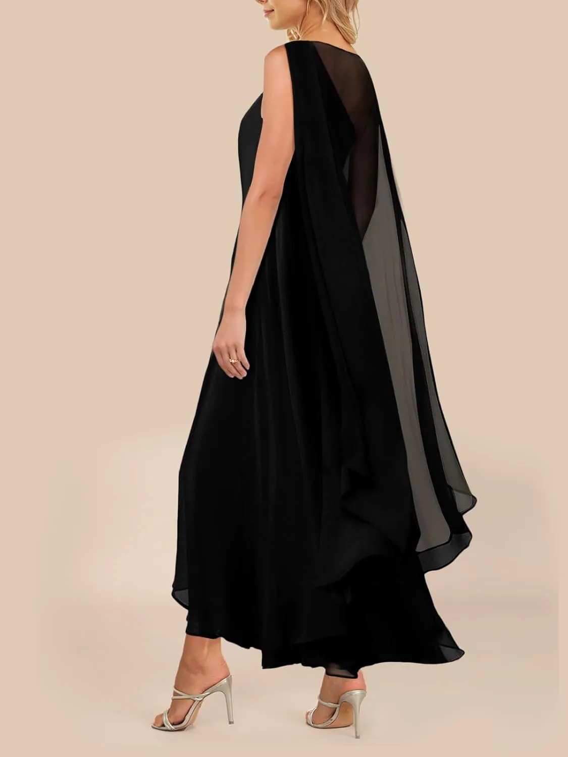 Lrady Women's Elegant Evening Gowns Crewneck One Shoulder Flowy Aline Wedding Guest Party Formal Maxi Dresses with Cape