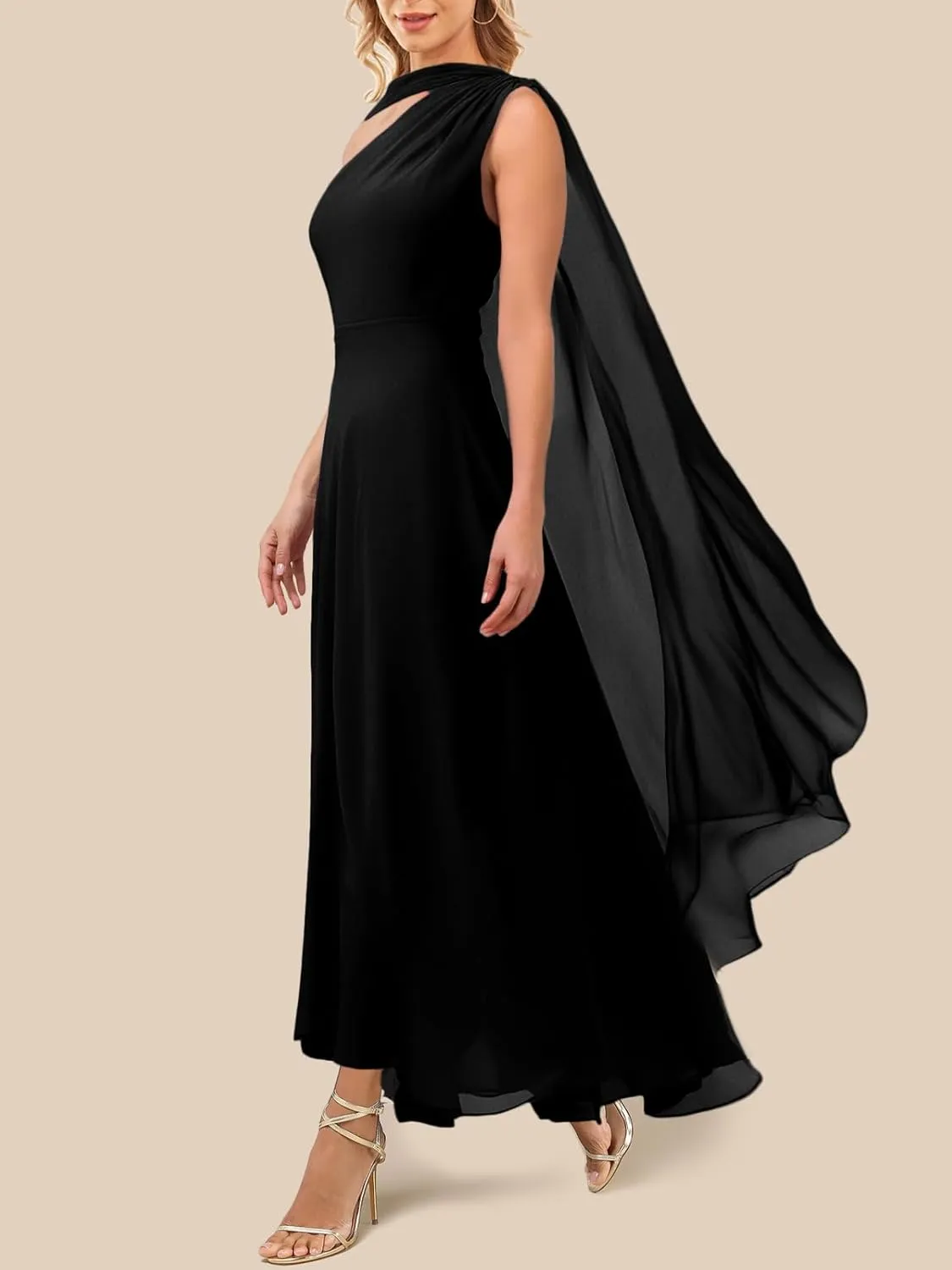 Lrady Women's Elegant Evening Gowns Crewneck One Shoulder Flowy Aline Wedding Guest Party Formal Maxi Dresses with Cape