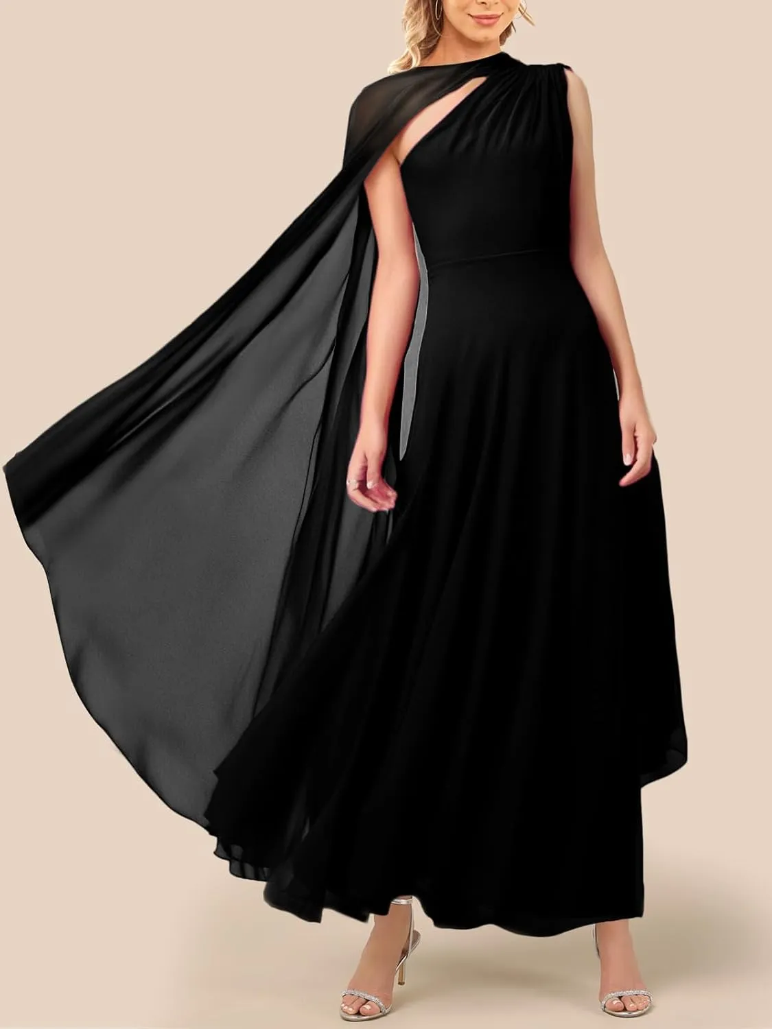 Lrady Women's Elegant Evening Gowns Crewneck One Shoulder Flowy Aline Wedding Guest Party Formal Maxi Dresses with Cape