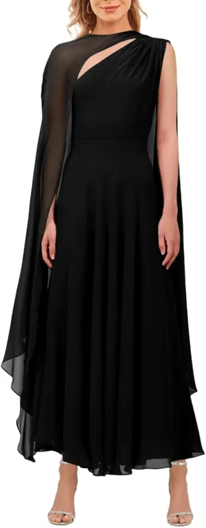 Lrady Women's Elegant Evening Gowns Crewneck One Shoulder Flowy Aline Wedding Guest Party Formal Maxi Dresses with Cape