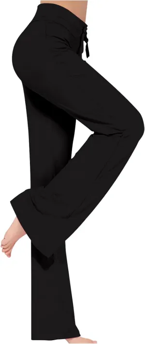 LRMQS Womens Wide Leg Yoga Leggings Drawstring Elastic High Waist Gym Sports Tights Pant Workout Casual Loose Trousers