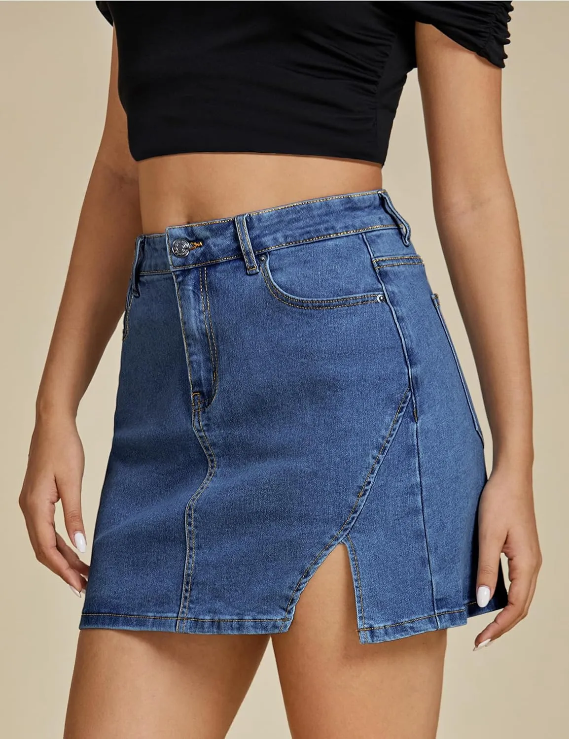 luvamia Jean Skirts for Women Denim High Waisted Stretchy Denim Skirt with Slit Trendy Casual Slim Fit Short Skirts