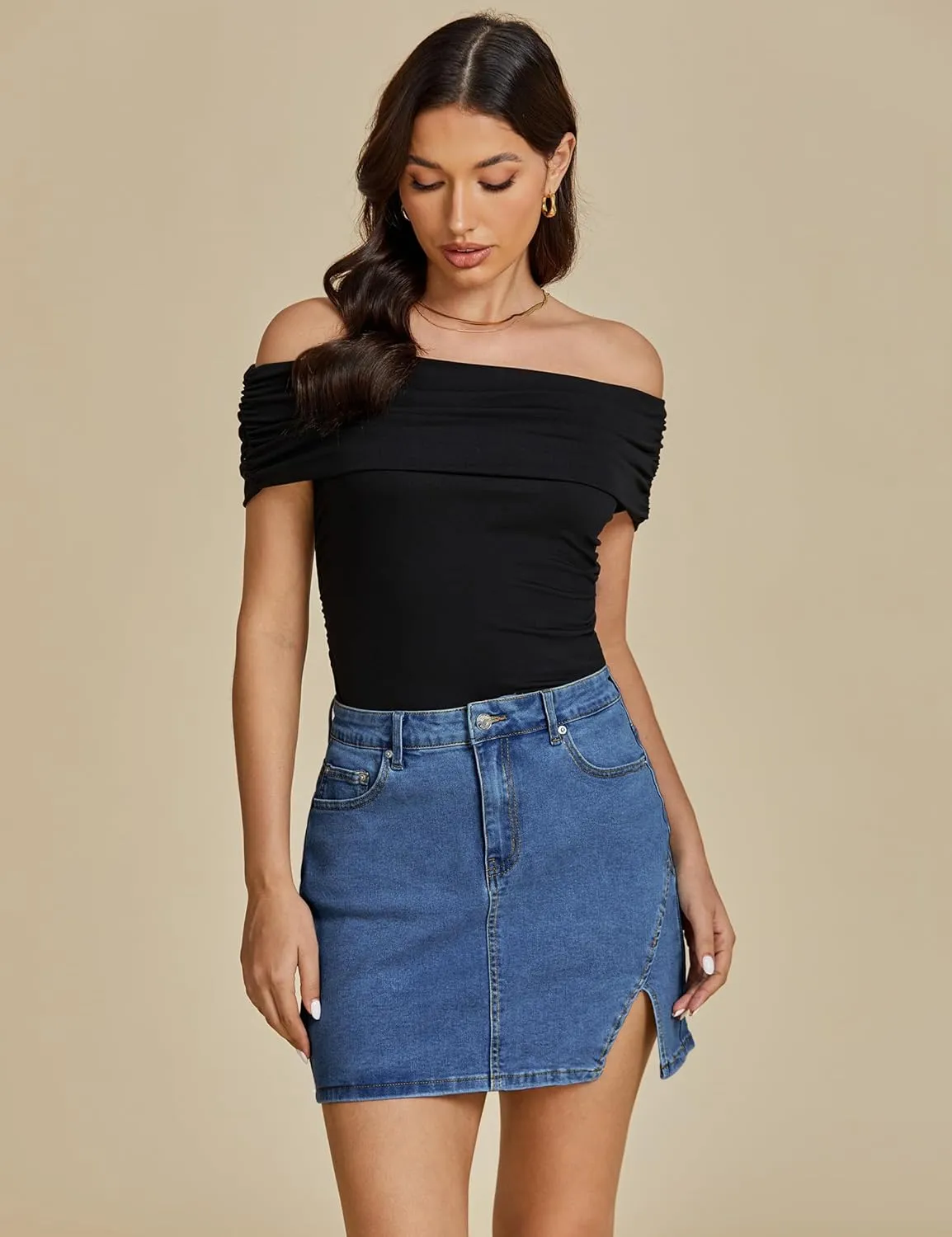 luvamia Jean Skirts for Women Denim High Waisted Stretchy Denim Skirt with Slit Trendy Casual Slim Fit Short Skirts
