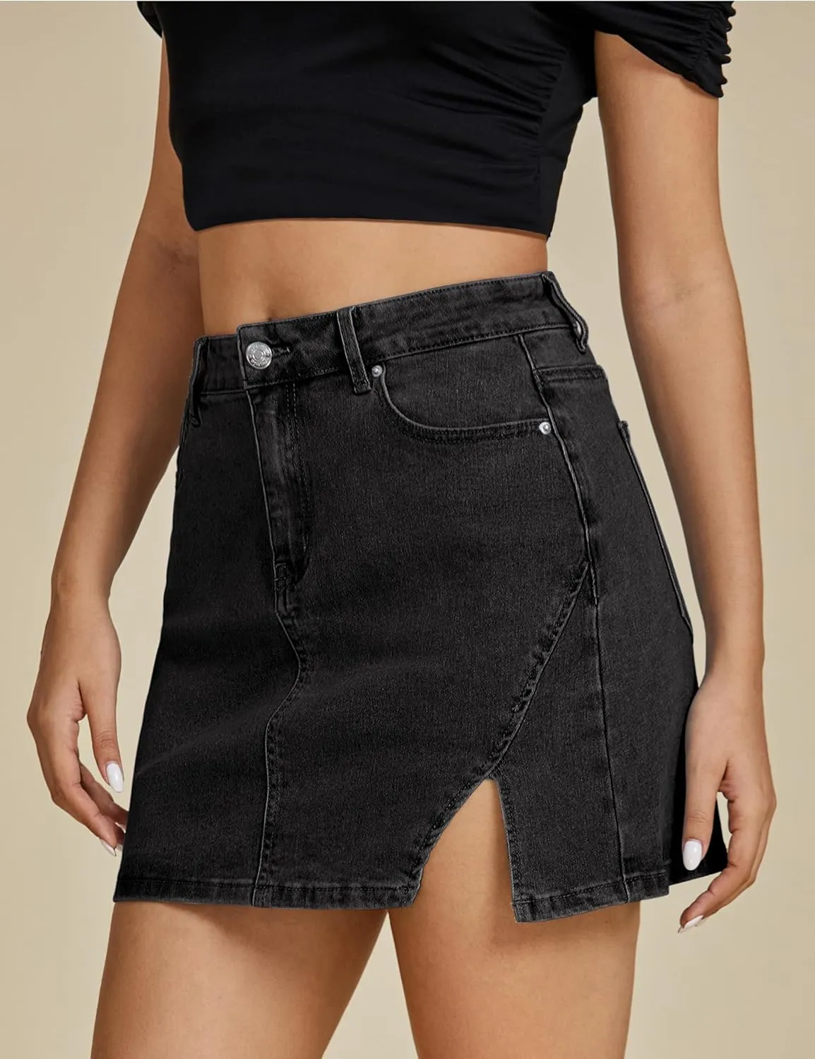 luvamia Jean Skirts for Women Denim High Waisted Stretchy Denim Skirt with Slit Trendy Casual Slim Fit Short Skirts