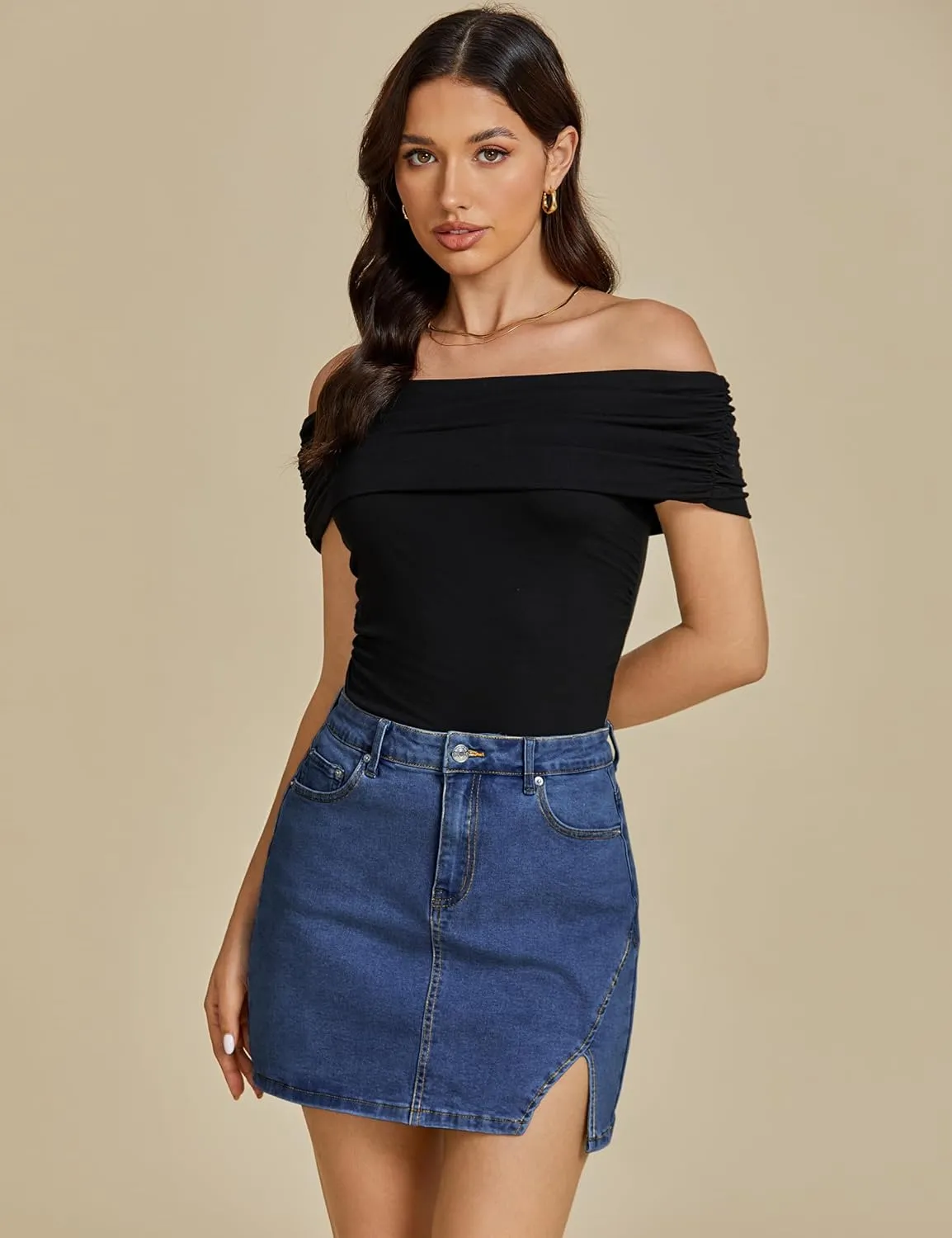 luvamia Jean Skirts for Women Denim High Waisted Stretchy Denim Skirt with Slit Trendy Casual Slim Fit Short Skirts