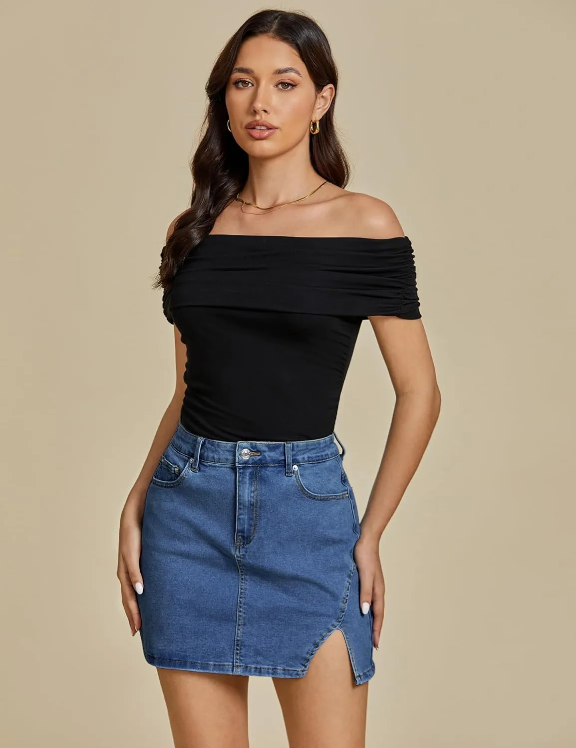 luvamia Jean Skirts for Women Denim High Waisted Stretchy Denim Skirt with Slit Trendy Casual Slim Fit Short Skirts