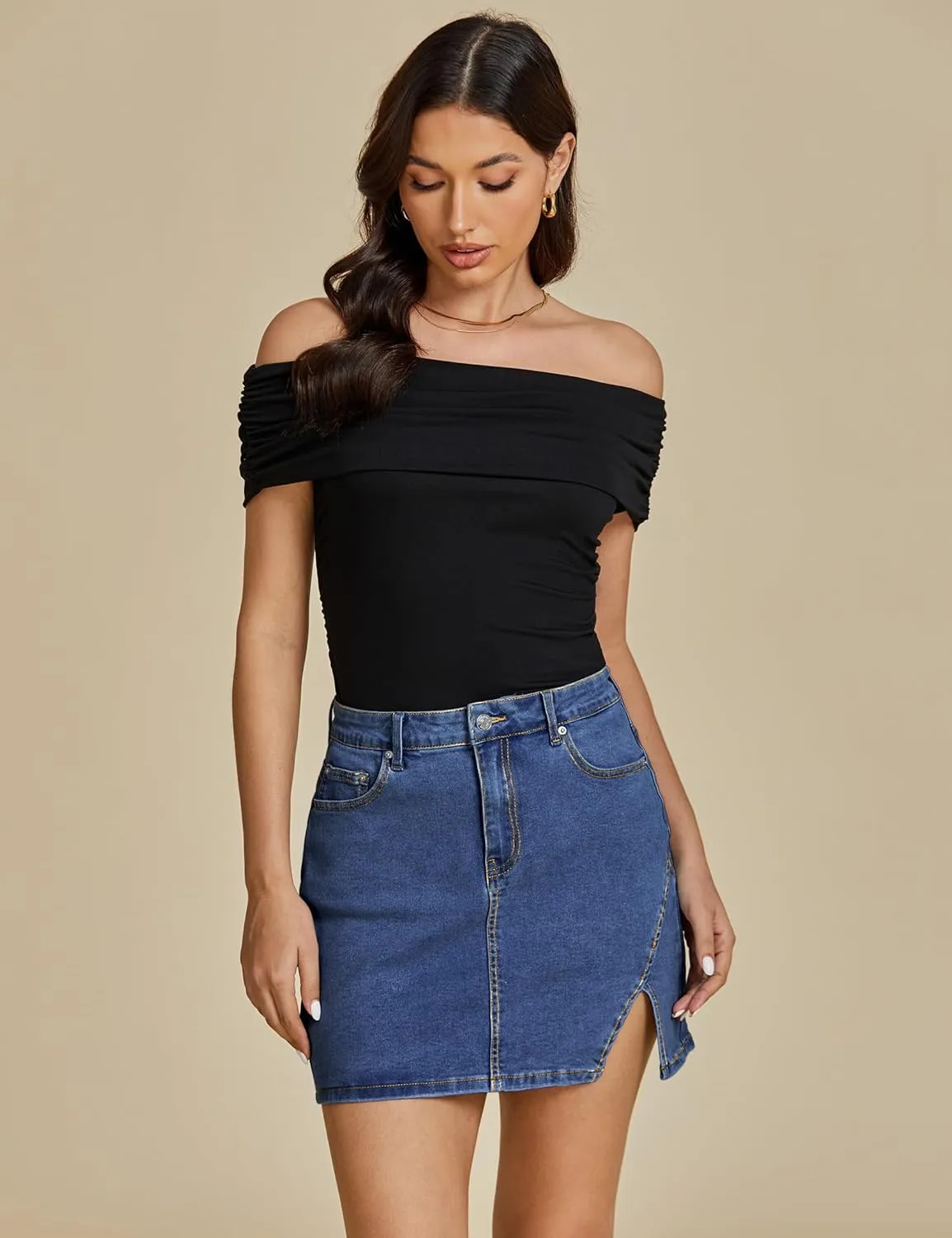 luvamia Jean Skirts for Women Denim High Waisted Stretchy Denim Skirt with Slit Trendy Casual Slim Fit Short Skirts