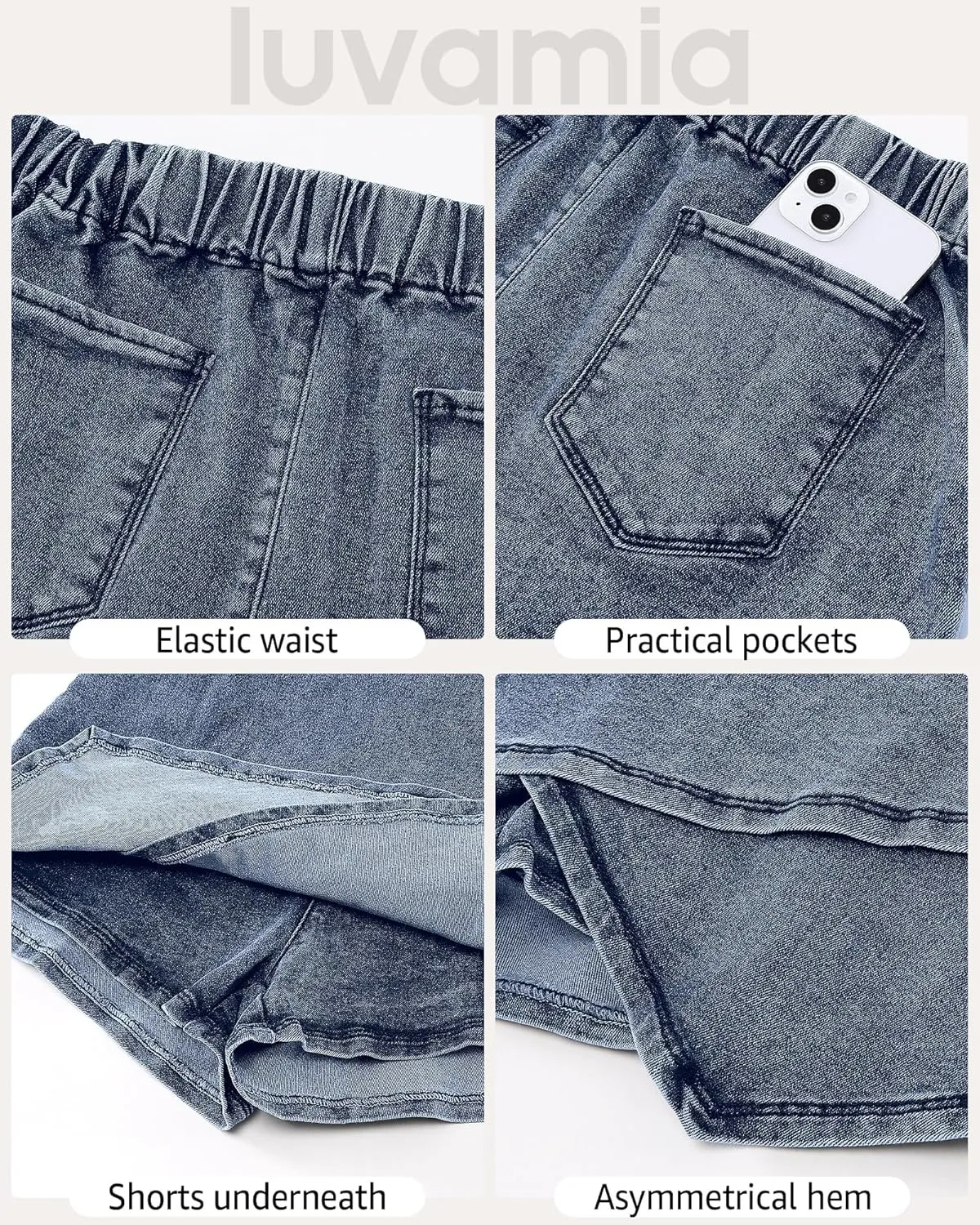 luvamia Jean Skorts for Woman High Waisted Pull On Stretchy Denim Wrap Skirt with Shorts Trendy Asymmetrical Skort