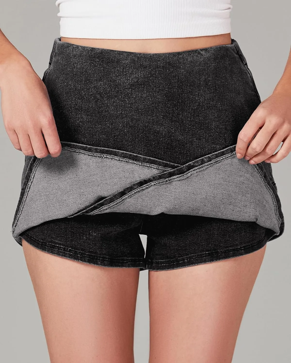 luvamia Jean Skorts for Woman High Waisted Pull On Stretchy Denim Wrap Skirt with Shorts Trendy Asymmetrical Skort