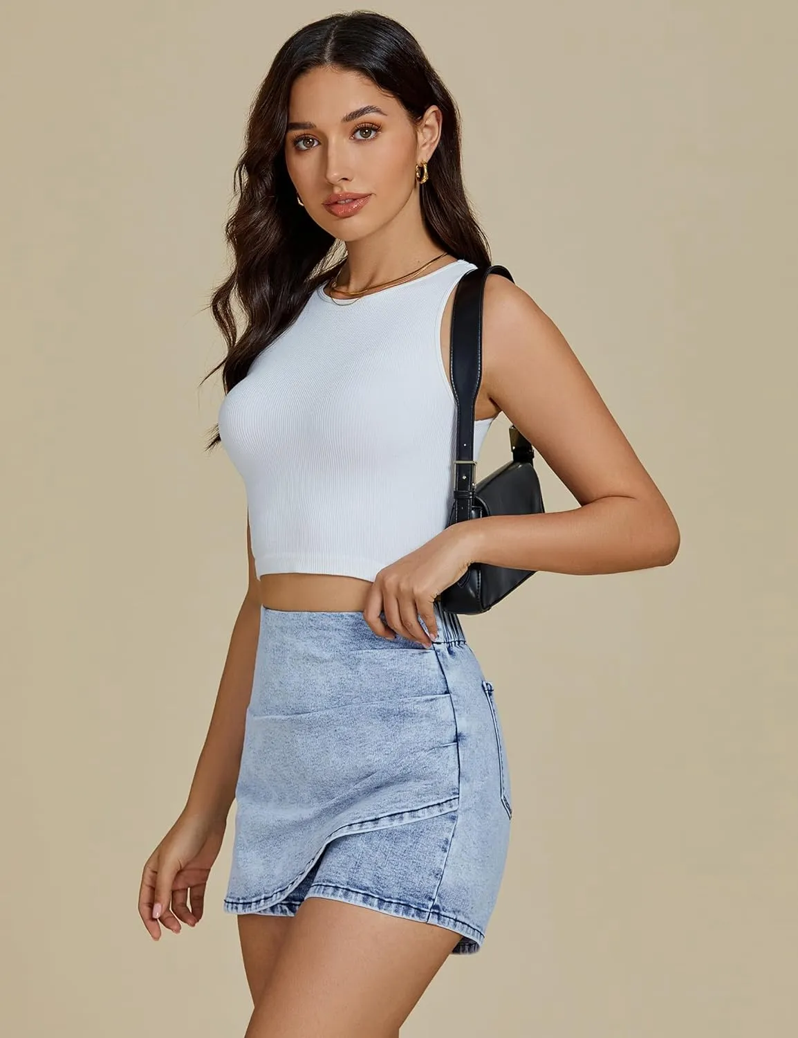 luvamia Jean Skorts for Woman High Waisted Pull On Trendy Casual Stretch Denim Skirt with Shorts Asymmetrical Wrap Skort