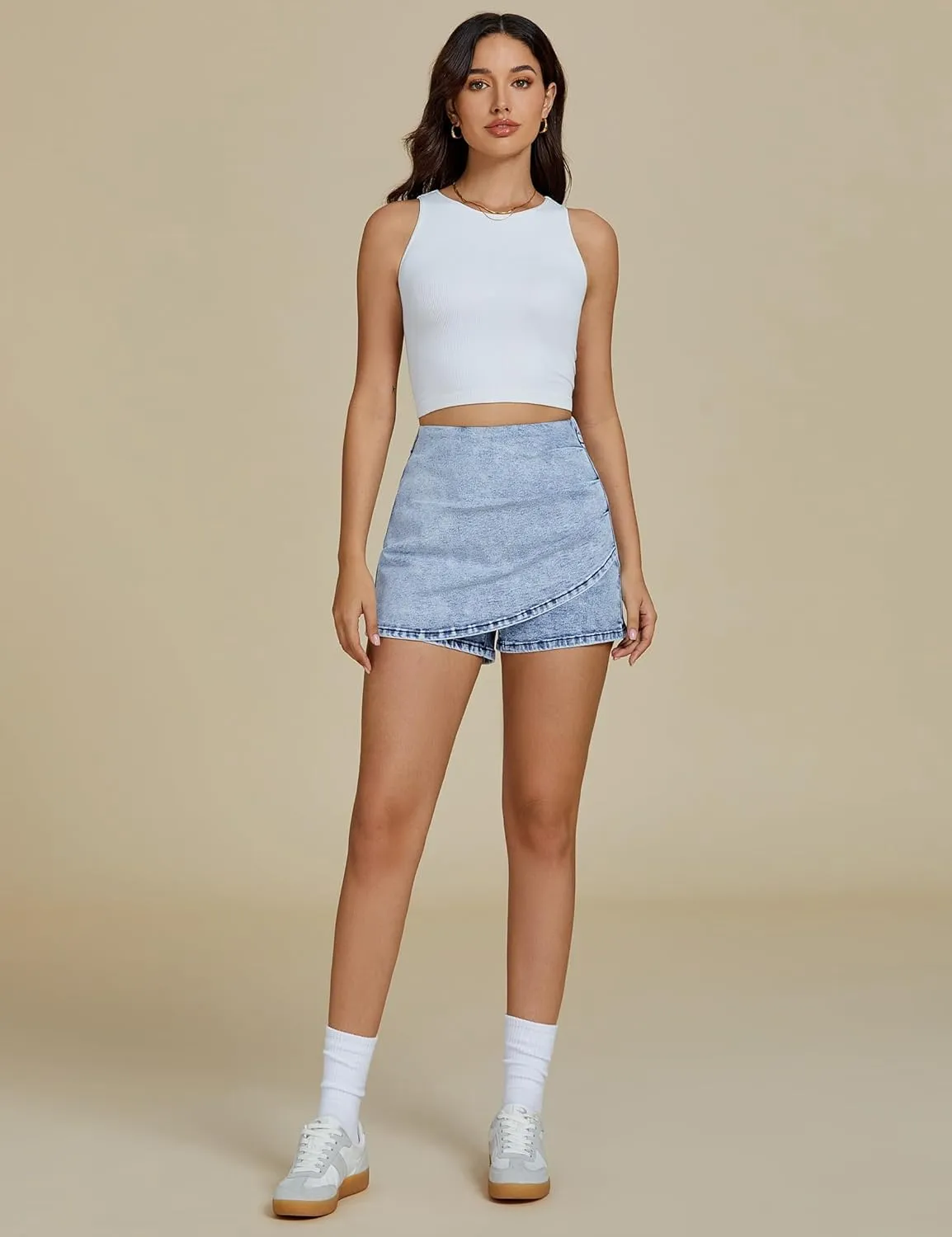 luvamia Jean Skorts for Woman High Waisted Pull On Trendy Casual Stretch Denim Skirt with Shorts Asymmetrical Wrap Skort