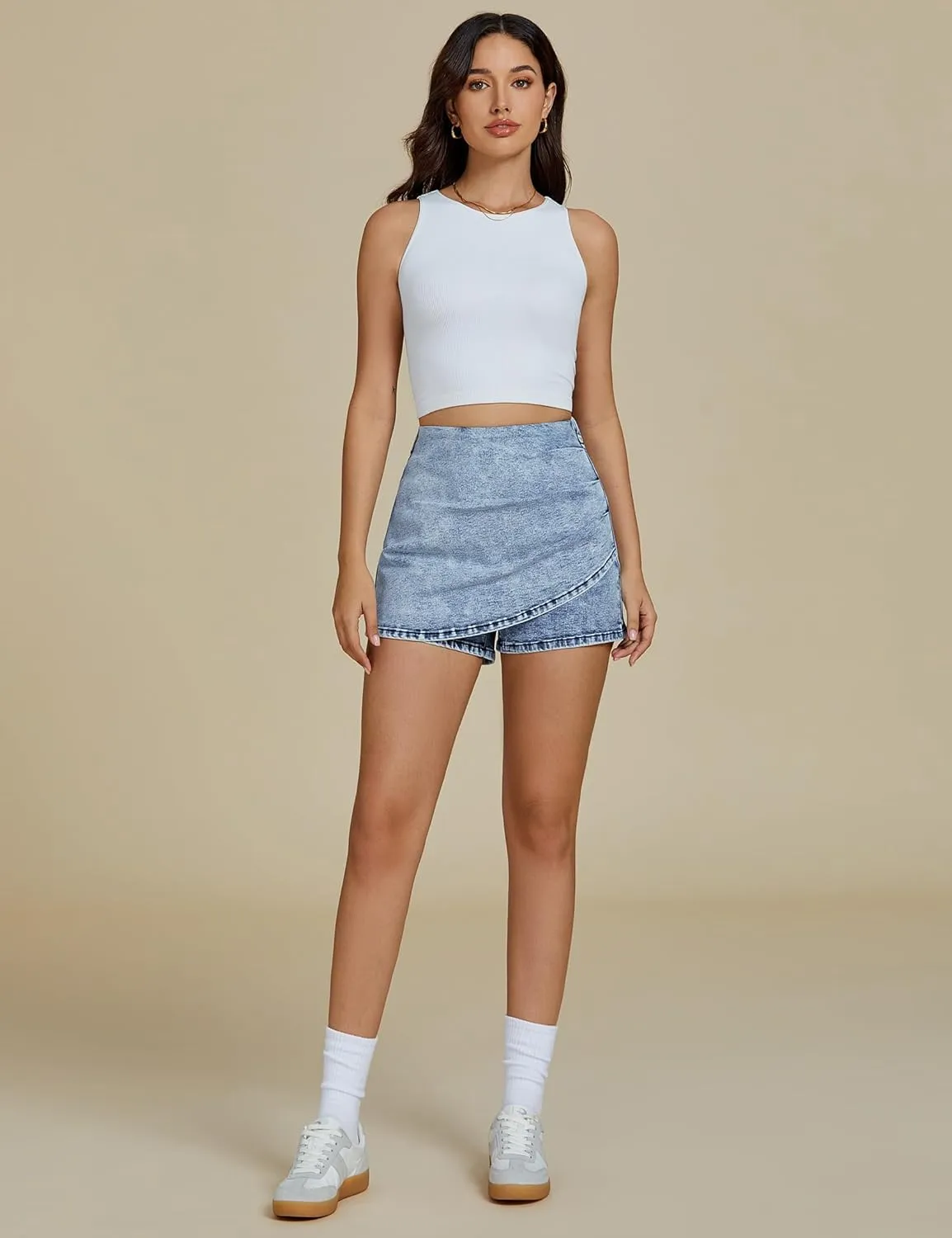 luvamia Jean Skorts for Woman High Waisted Pull On Trendy Casual Stretch Denim Skirt with Shorts Asymmetrical Wrap Skort