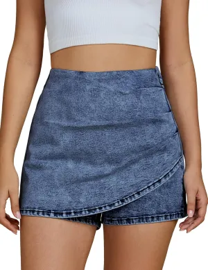 luvamia Jean Skorts for Woman High Waisted Pull On Trendy Casual Stretch Denim Skirt with Shorts Asymmetrical Wrap Skort