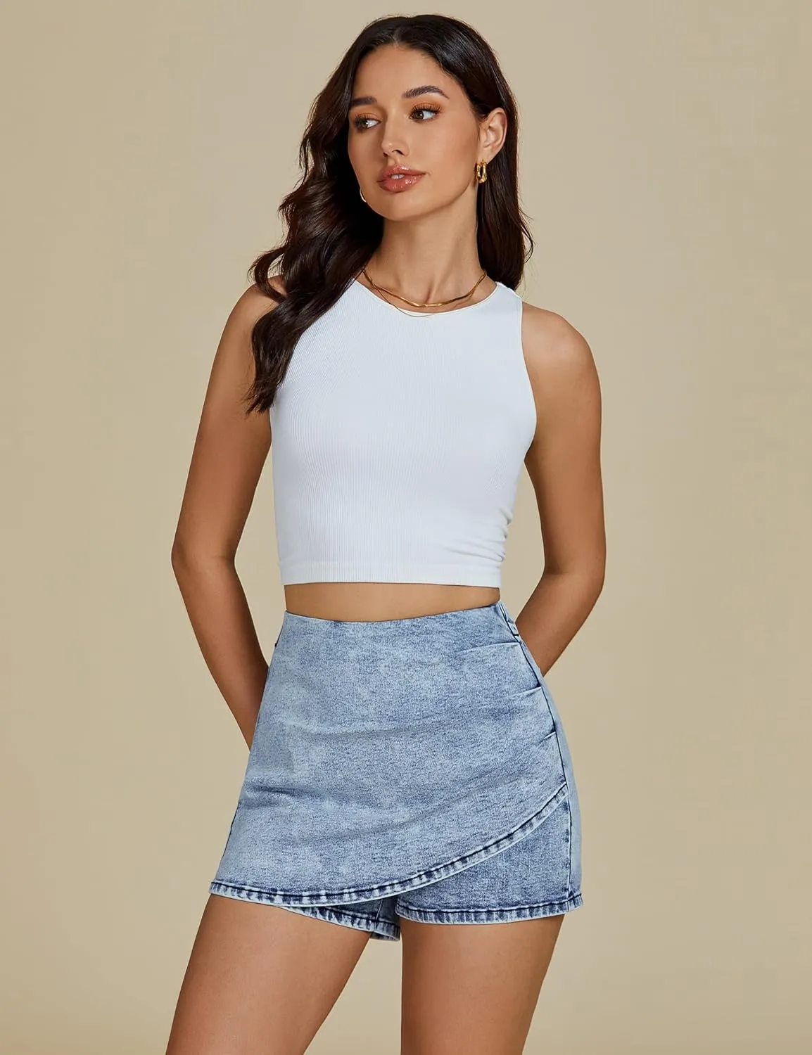 luvamia Jean Skorts for Woman High Waisted Pull On Trendy Casual Stretch Denim Skirt with Shorts Asymmetrical Wrap Skort