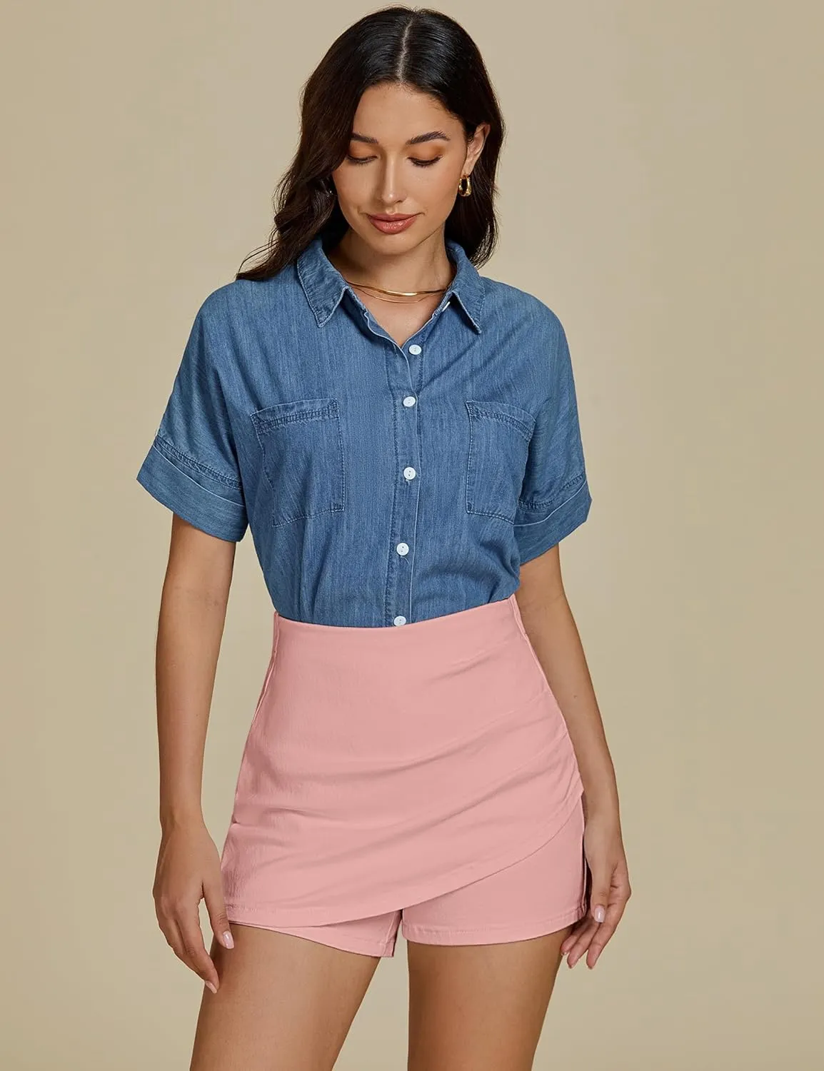 luvamia Jean Skorts for Woman High Waisted Pull On Trendy Casual Stretch Denim Skirt with Shorts Asymmetrical Wrap Skort