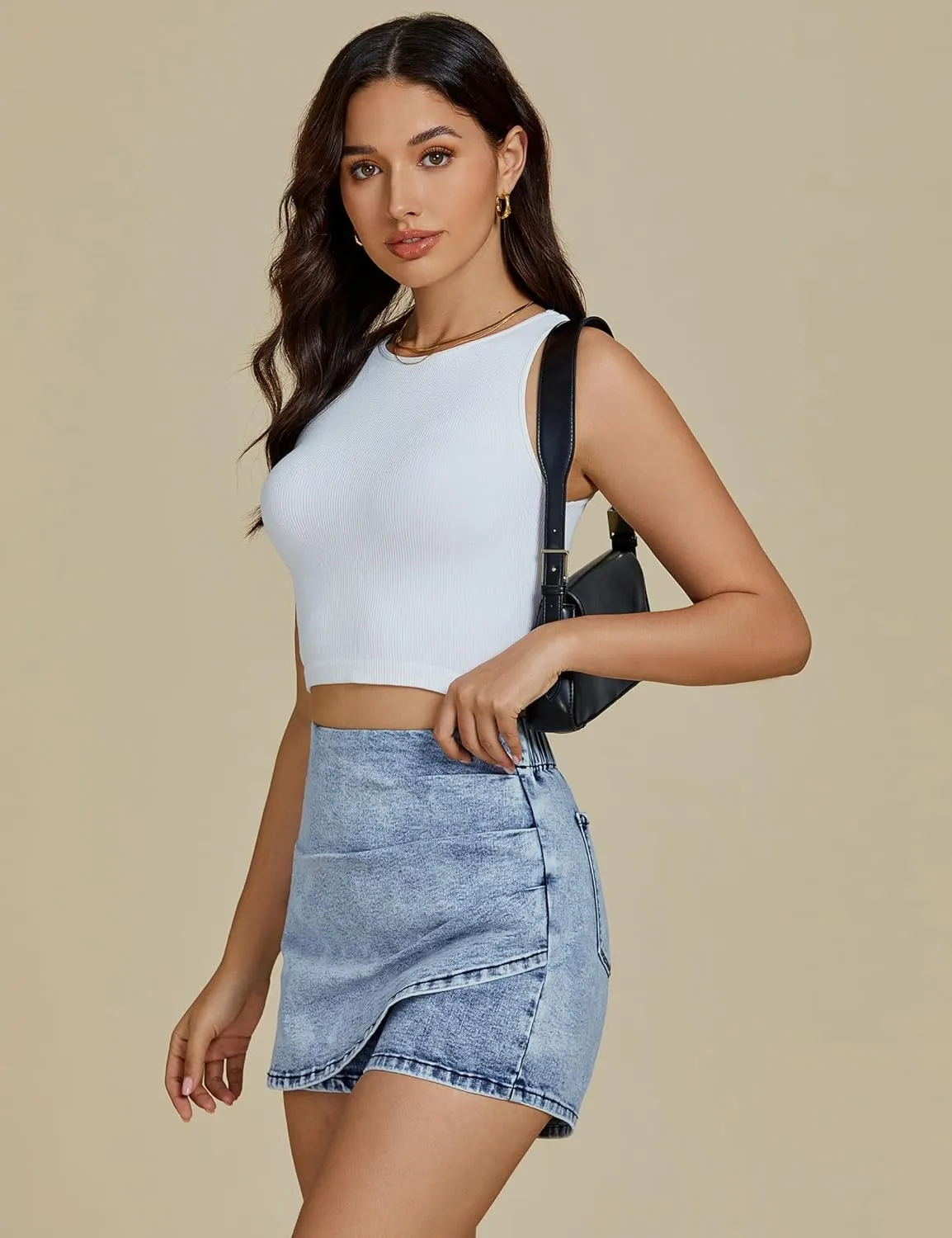 luvamia Jean Skorts for Woman High Waisted Pull On Trendy Casual Stretch Denim Skirt with Shorts Asymmetrical Wrap Skort