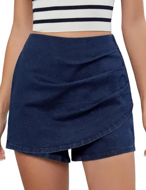 luvamia Jean Skorts for Woman High Waisted Pull On Trendy Casual Stretch Denim Skirt with Shorts Asymmetrical Wrap Skort