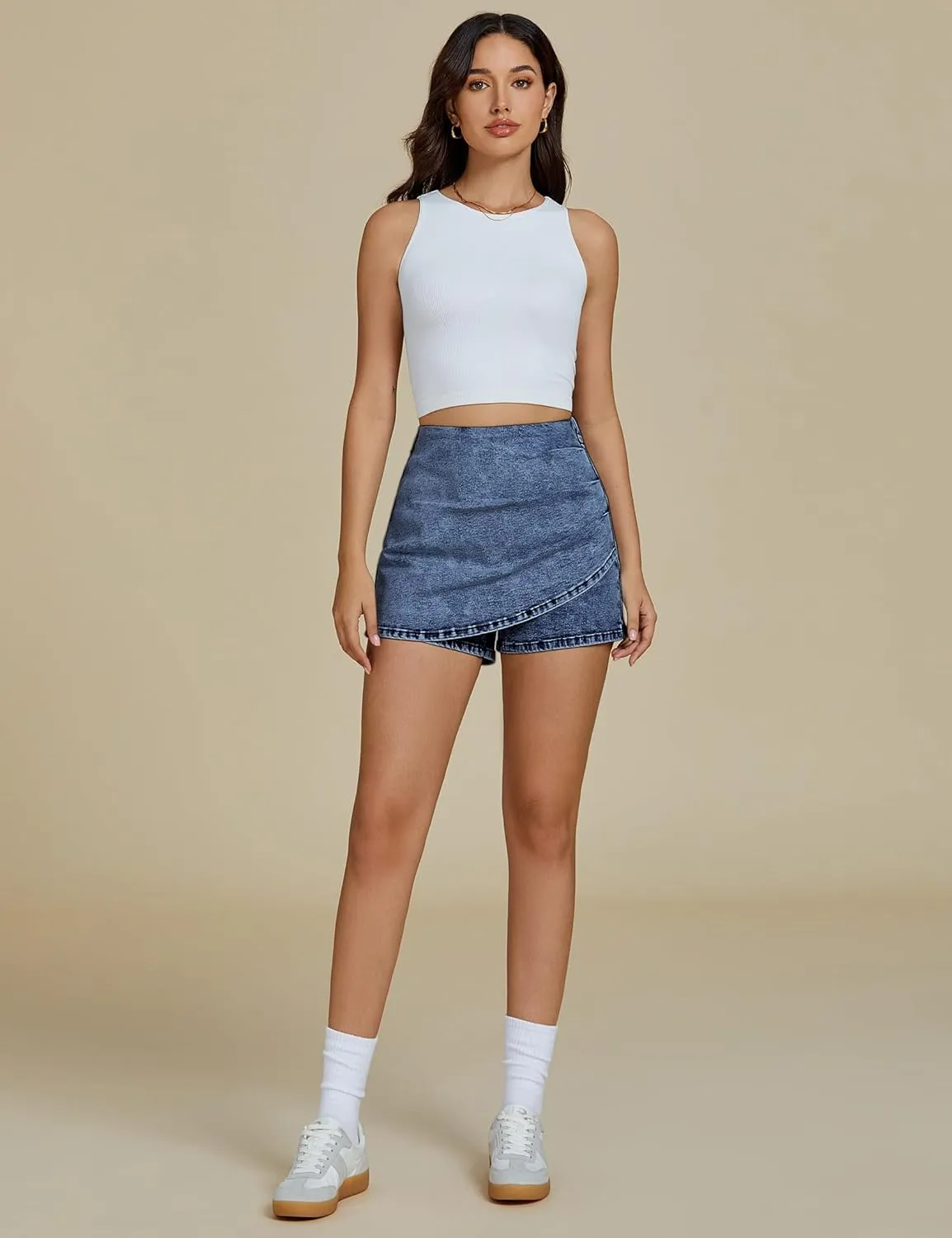 luvamia Jean Skorts for Woman High Waisted Pull On Trendy Casual Stretch Denim Skirt with Shorts Asymmetrical Wrap Skort