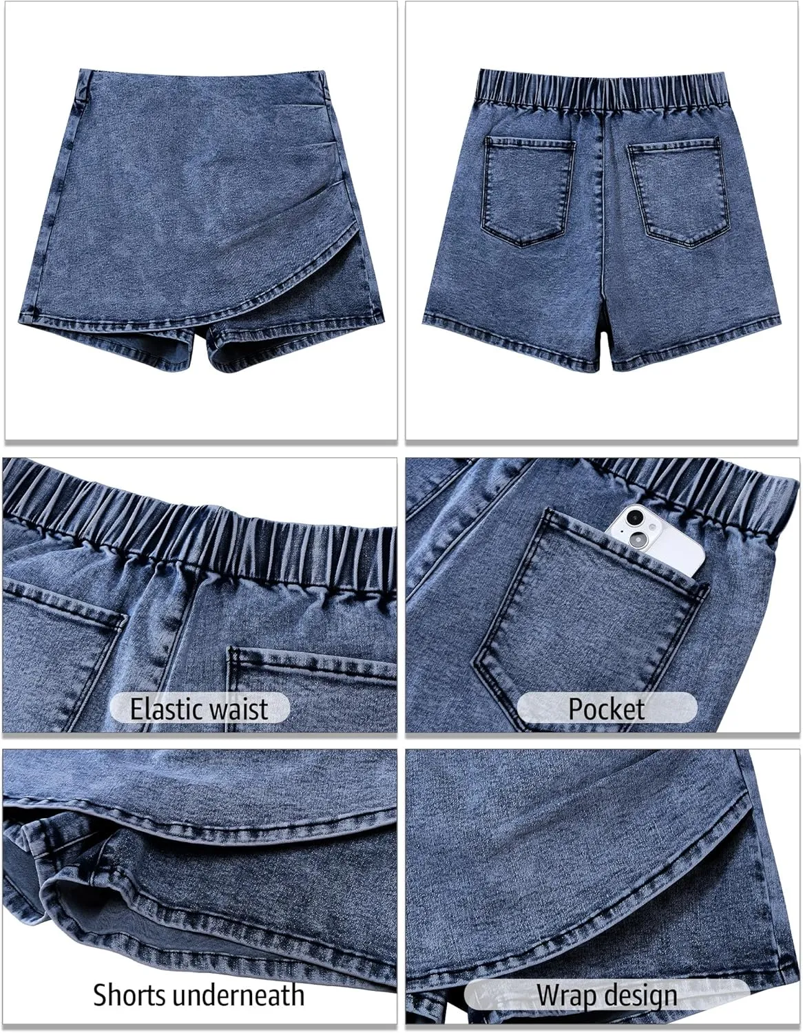 luvamia Jean Skorts for Woman High Waisted Pull On Trendy Casual Stretch Denim Skirt with Shorts Asymmetrical Wrap Skort