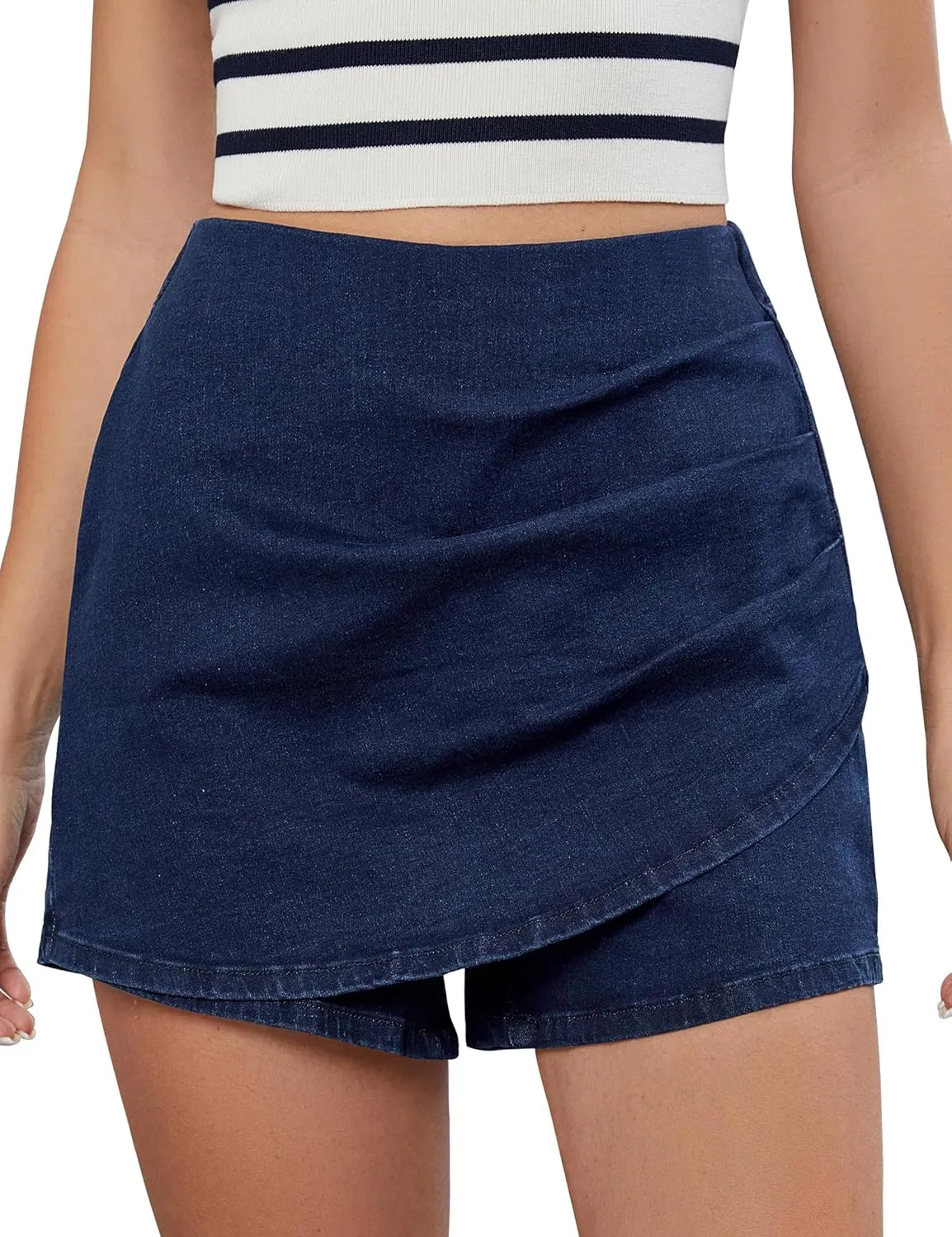 luvamia Jean Skorts for Woman High Waisted Pull On Trendy Casual Stretch Denim Skirt with Shorts Asymmetrical Wrap Skort