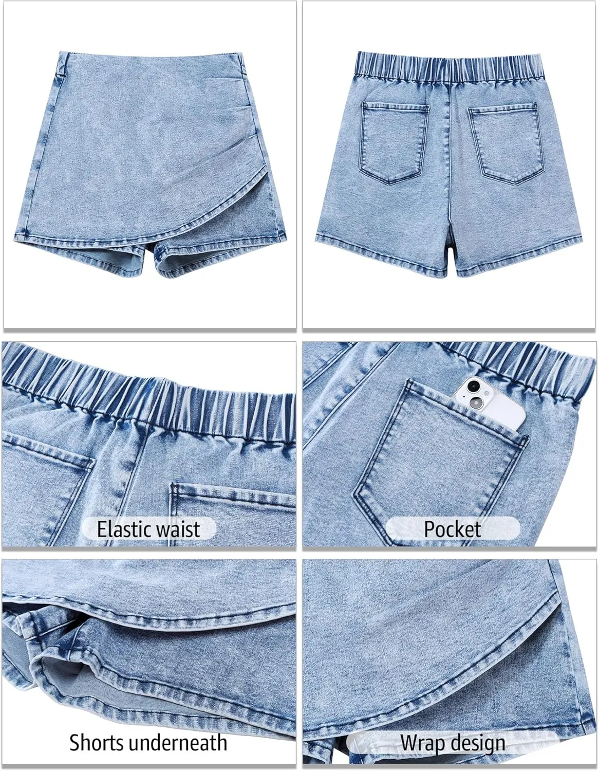 luvamia Jean Skorts for Woman High Waisted Pull On Trendy Casual Stretch Denim Skirt with Shorts Asymmetrical Wrap Skort