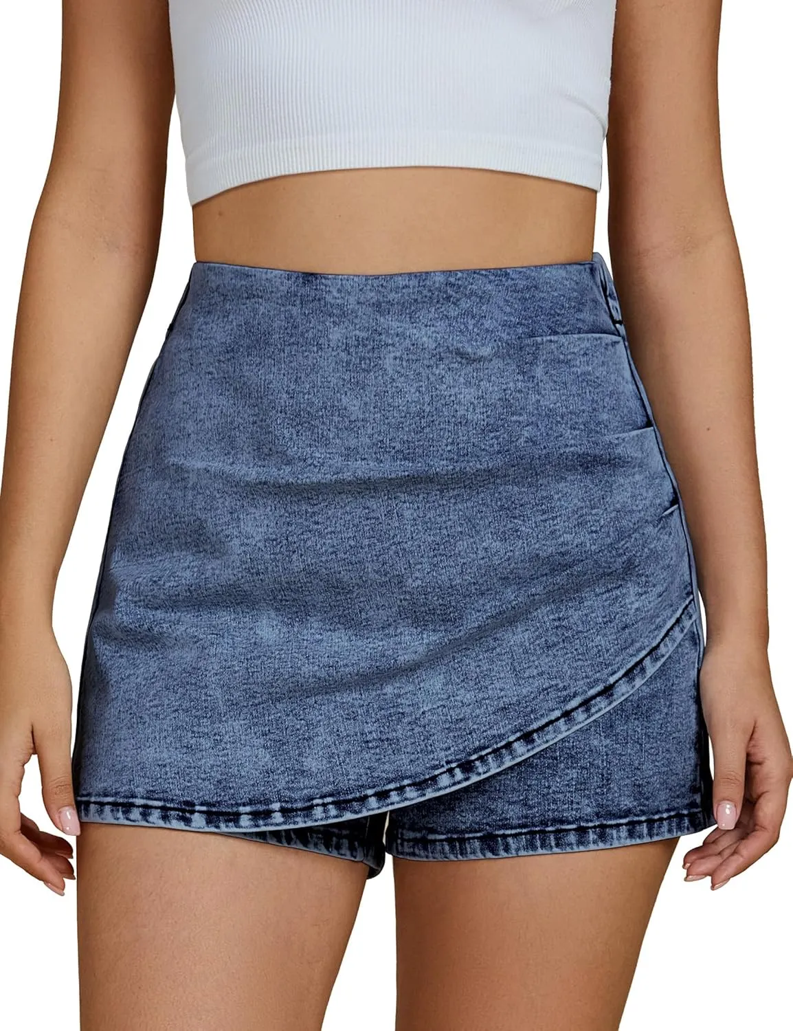 luvamia Jean Skorts for Woman High Waisted Pull On Trendy Casual Stretch Denim Skirt with Shorts Asymmetrical Wrap Skort