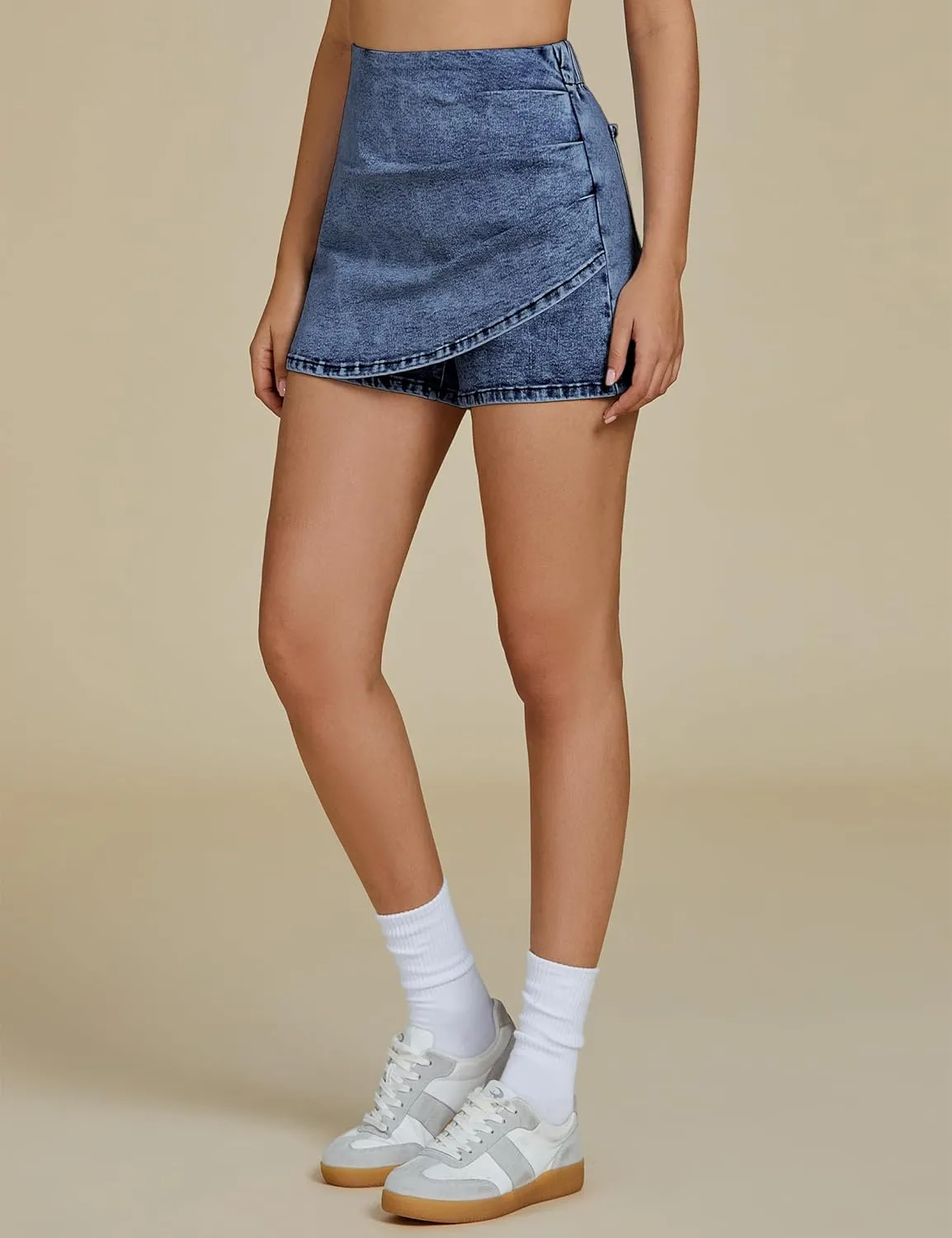 luvamia Jean Skorts for Woman High Waisted Pull On Trendy Casual Stretch Denim Skirt with Shorts Asymmetrical Wrap Skort