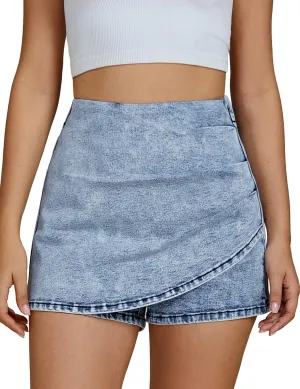 luvamia Jean Skorts for Woman High Waisted Pull On Trendy Casual Stretch Denim Skirt with Shorts Asymmetrical Wrap Skort
