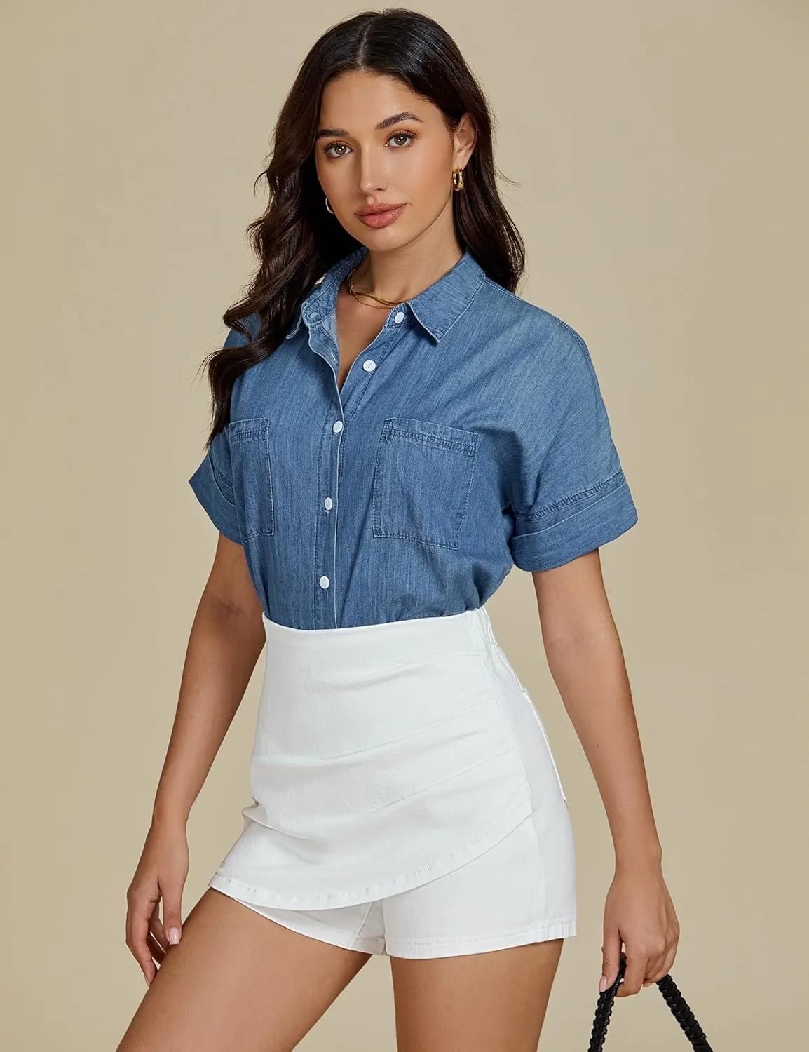 luvamia Jean Skorts for Woman High Waisted Pull On Trendy Casual Stretch Denim Skirt with Shorts Asymmetrical Wrap Skort