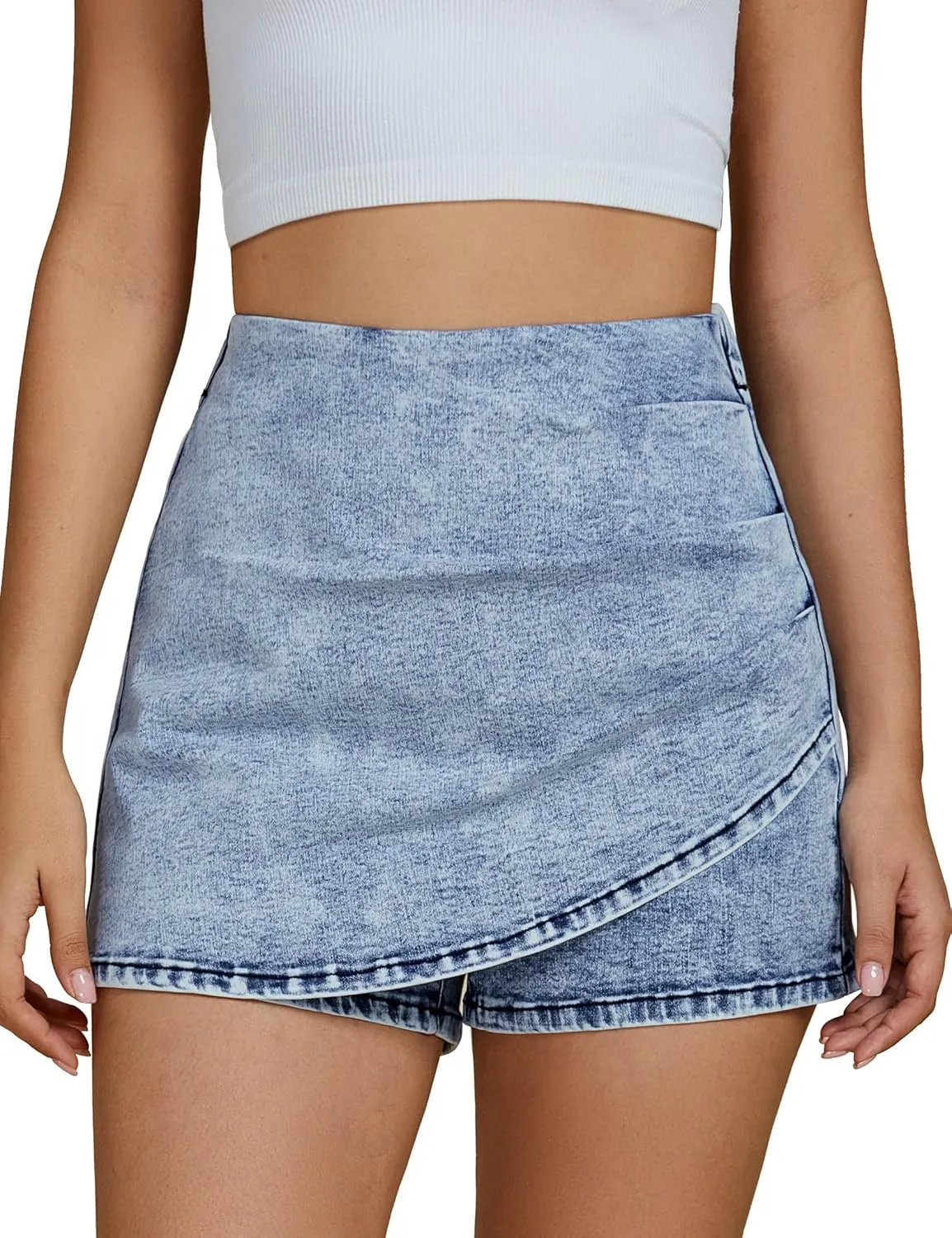 luvamia Jean Skorts for Woman High Waisted Pull On Trendy Casual Stretch Denim Skirt with Shorts Asymmetrical Wrap Skort