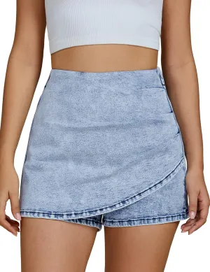 luvamia Jean Skorts for Woman High Waisted Pull On Trendy Casual Stretch Denim Skirt with Shorts Asymmetrical Wrap Skort